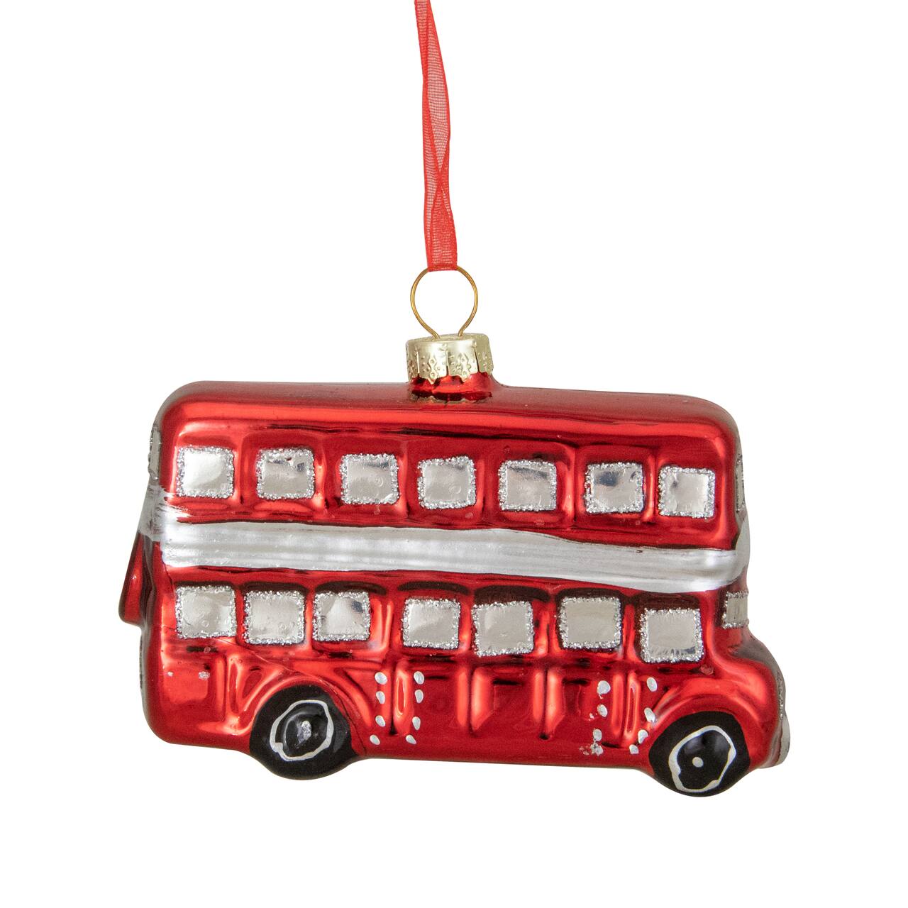4" Shiny Metallic Red & Silver Glass Double Decker Bus Christmas Ornament